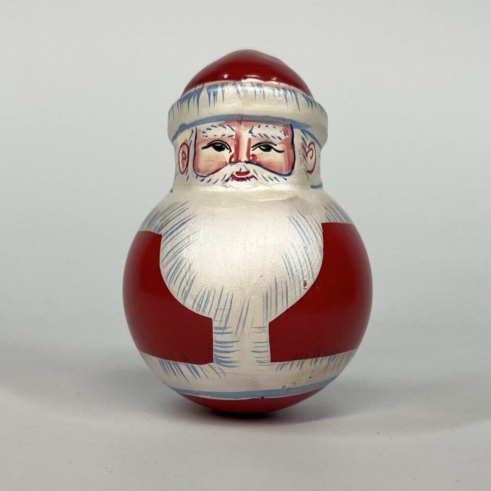 Vtg Roly Poly SANTA Figure Bell Chime Ringing Christmas Painted Folk Art Metal